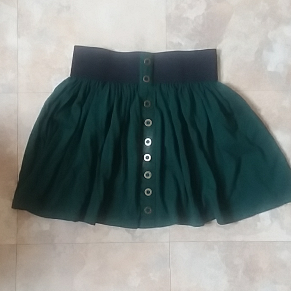 Dark Green Pleated Skirt with Buttons